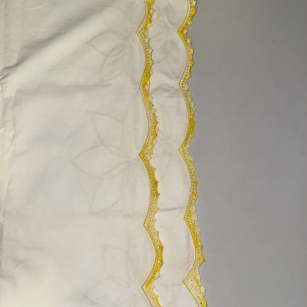 Pillowcase Set King Size White Yellow Embroidered Lotus Scalloped Crochet Lace